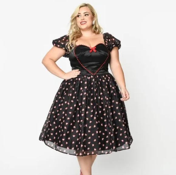 UNIQUE VINTAGE Cupids Lover black satin puff sleeve heart swing dress plus 5X/26 - Picture 1 of 11